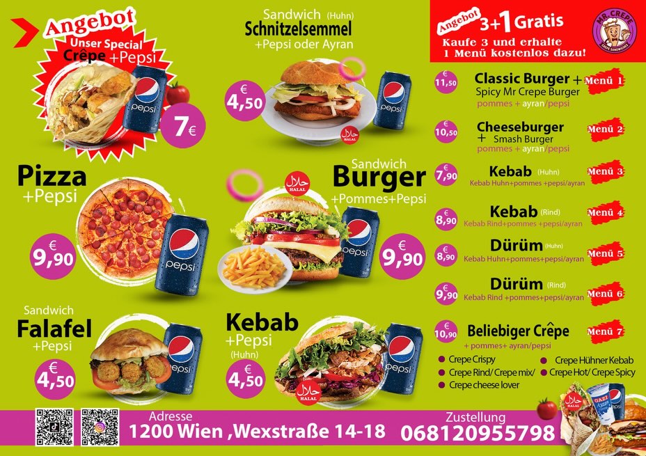 MrCrepe Angebote: Special Crêpe + Pepsi 7 €, Schnitzelsemmel, Pizza, Burger, Falafel, Kebab und Menü 1 bis 7 mit Preisen. Aktion: Kaufe 3 Menüs und erhalte 1 gratis.