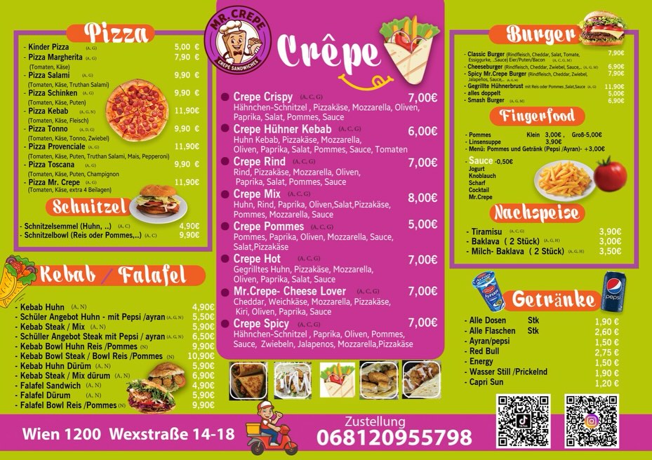MrCrepe Speisekarte: Pizza, Schnitzel, Kebab, Falafel, Crêpe-Varianten, Burger, Fingerfood, Nachspeisen und Getränke mit Preisen.